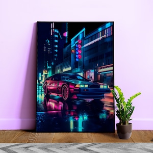Elegante poster di auto retrò con luci al neon [synthwave/vaporwave/cyberpunk] — poster anime, stampa artistica estetica, poster di videogiochi