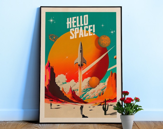 Hello Space! — Vintage space poster / Retro space art 1950s, Propaganda poster, Retrofuturism, Retro sci-fi 1960s