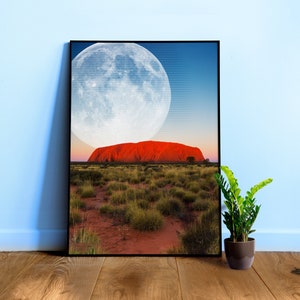 Synthwave Moon & mountain. Australia — space vintage retro collage art, 50s cosmic futuristic sci-fi collage, surreal collage art