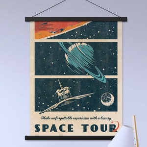 Space Tour — Vintage Poster with hangers. Vintage space poster, retro space art, propaganda poster, retrofuturism art