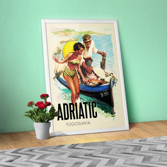 Adriatic, Yugoslavia, 1950s – Vintage Yugoslavia Travel Print, Adriatic Beach Retro Wall Art, Rare Mid Century Decor