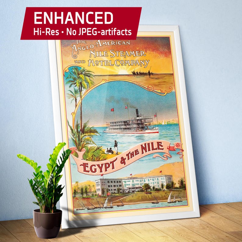 Egypt & The Nile, 1910s — Retro travel poster. Rare Vintage travel art with river, palms, desert