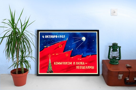 Sputnik 1, 1957, USSR — Soviet vintage space poster, soviet space art, soviet retro print, propaganda poster, space print