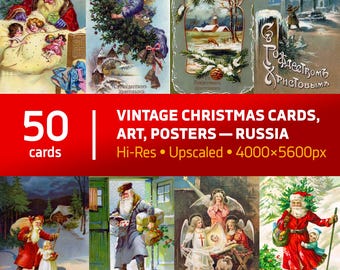Vintage Russian Christmas Cards: Digital Download – 50 Retro Holiday Cards from Russia, Hi-Res 2026 Printable Xmas Art Bundle