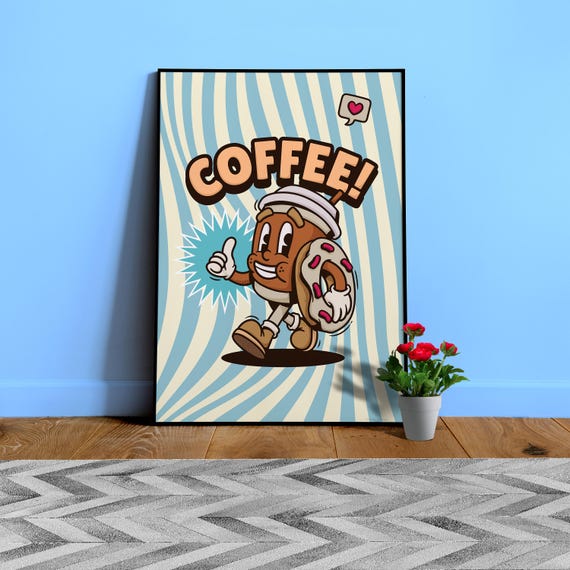 Retro coffee poster: Coffee & donut β cartoon vintage coffee art prints, quirky kitchen wall decor, fun coffee shop artwork, caffeine lover