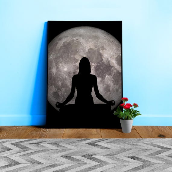 Moon Meditation Poster – Woman Silhouette in Lotus Pose with Full Moon. Spiritual Black Wall Art, Yoga decor