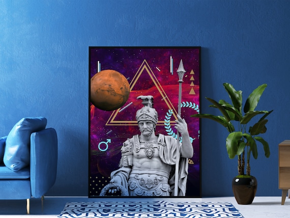 Mars God and Planet Poster – Synthwave mythology wall art, vaporwave decor, cosmic neon print, space aesthetic poster, 80s retro art