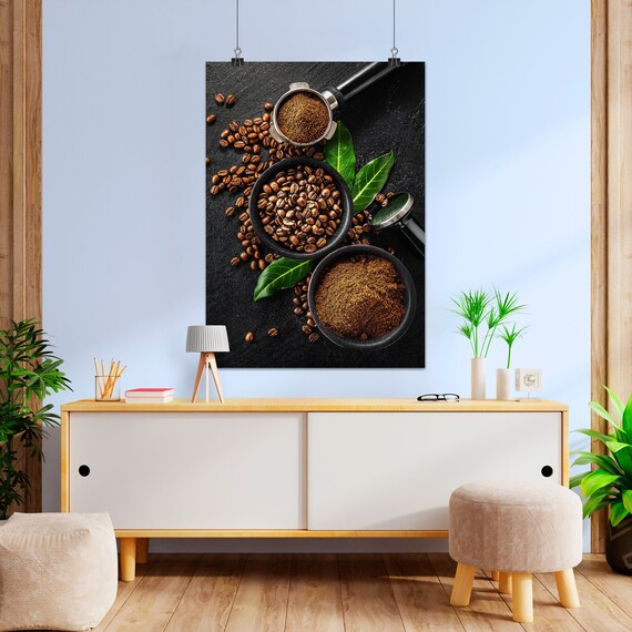 Coffee Beans & Cups Poster — Rustic kitchen wall art, barista photo print, coffee shop decor, warm tone coffee photography