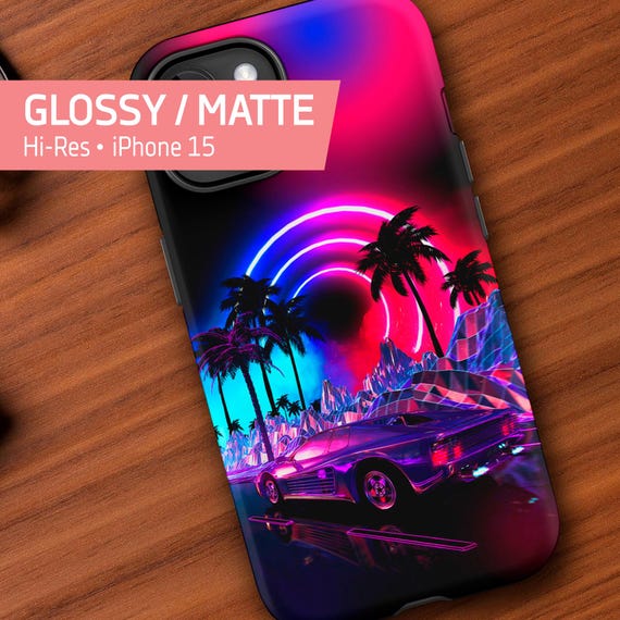 Vaporwave phone case: Neon landscape - Synthwave palms & sport car [synthwave/vaporwave/ cyberpunk] — Tough Case for iPhone 15(Glossy/Matte)