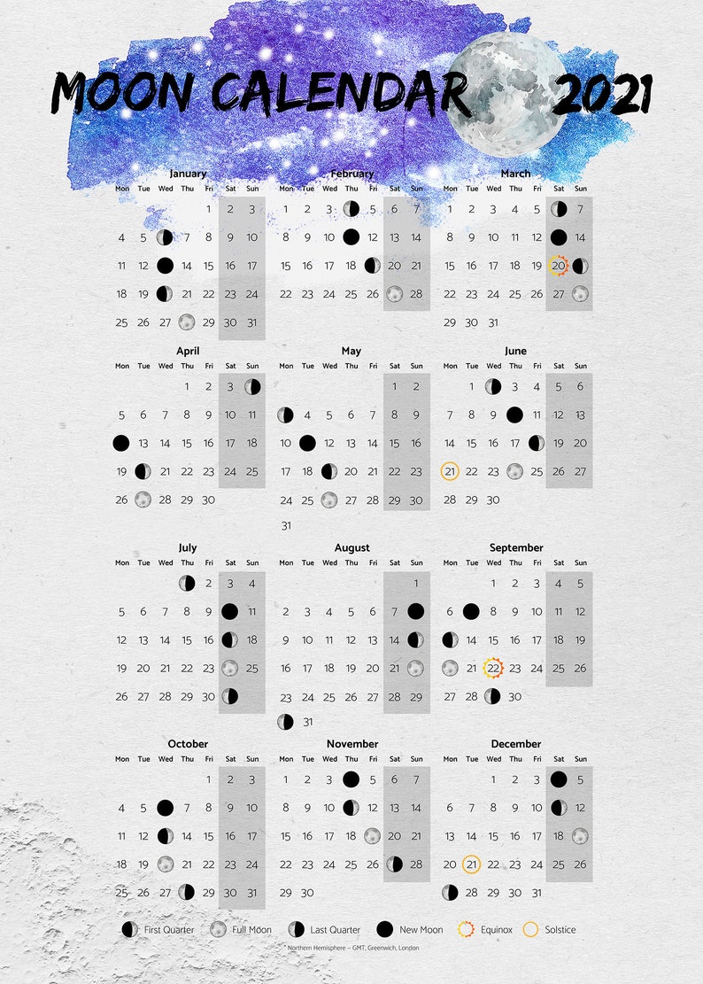 Moon Calendar 2021 Moon Phases 2021 Poster Etsy