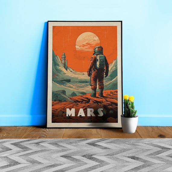 Mars, colony, astronaut — Vintage space poster, retro space art, propaganda poster, retrofuturism, retro sci-fi