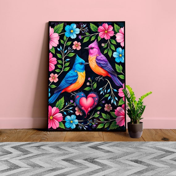 St. Valentines Day colorful poster: Tropical Birds and Flowers Wall Art — Vivid art with Exotic Birds ◾ Vibrant Nature Print for Home Decor