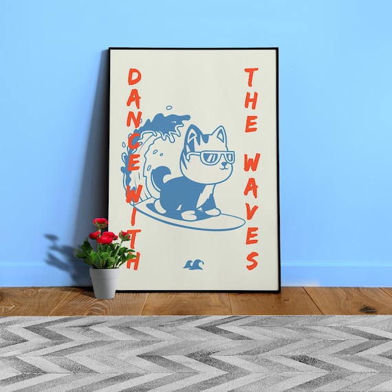 Anime poster: Dance with the waves / Cat Surfer — vaporwave poster, sport poster, manga art print, Japanese space wall art, Japan poster