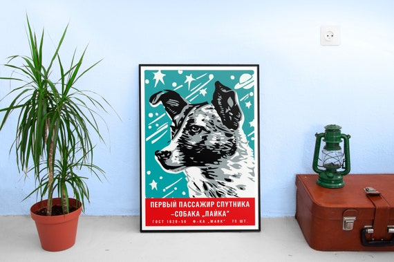 Laika, First space dog, USSR 1950s — Soviet vintage space poster, propaganda poster, soviet retro art, soviet space