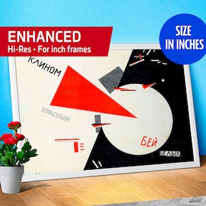 May include: A black and white abstract art print with a red triangle and the text "клином КРАСНЫМ БЕЙ БЕЛЫХ".