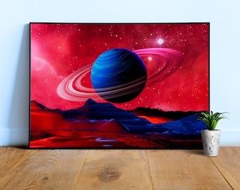 Paesaggio spaziale al neon: Saturno [anni '80/vaporwave/cyberpunk] — Poster dall'estetica spaziale. Stampa artistica retrowave anni '80 e decorazione vaporwave al neon.