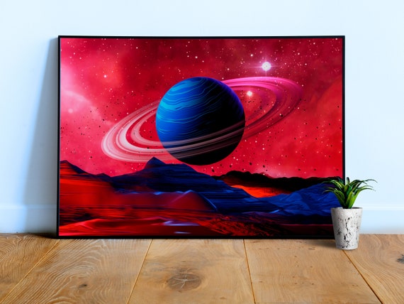 Neon space landscape: Saturn [1980s/vaporwave/cyberpunk] — Space aesthetic poster. 1980s retrowave art print and neon vaporwave decor