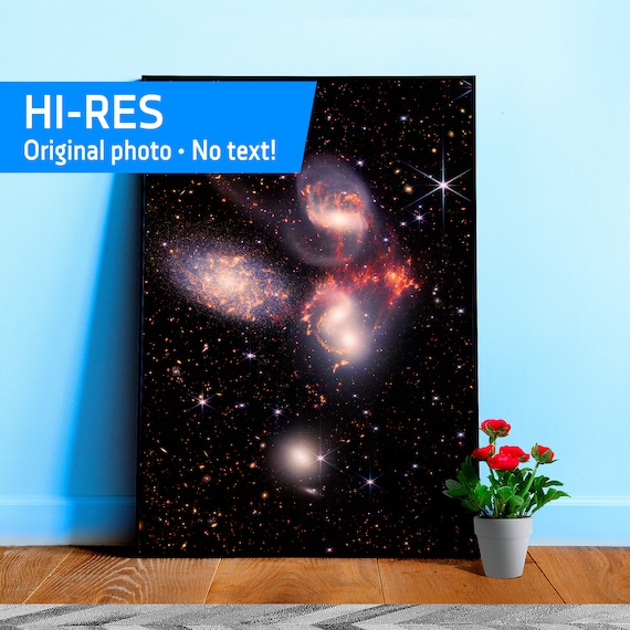 Stephan’s Quintet. Hickson Compact Group 92 (HCG 92) (James Webb/JWST). No text — space poster. Science poster,jwst picture, abstract poster