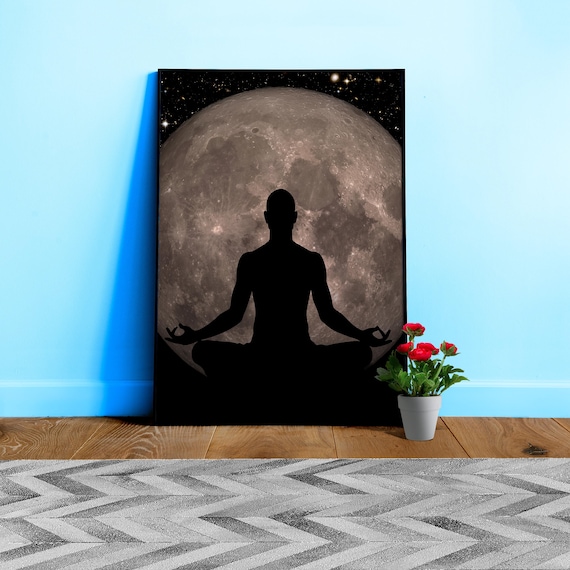 Full Moon Meditation Poster – Man Silhouette in Lotus Pose with Full Moon. Cosmos and Universe black art print, Yoga decor
