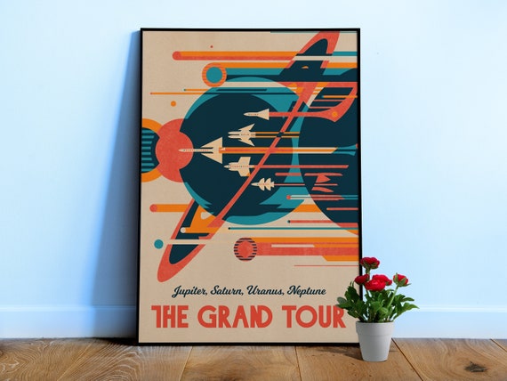 NASA The Grand Tour: Jupiter, Saturn, Uranus, Neptune — Vintage space poster, retro space art, propaganda poster
