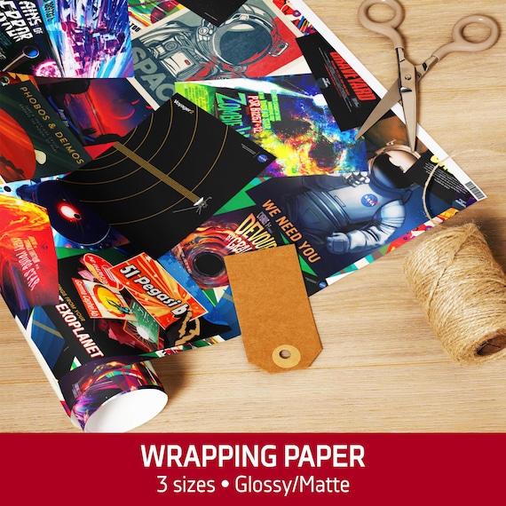NASA retro space posters: Wrapping Paper β Vintage Sci-Fi Gift Wrap for Christmas and New Year, Mid-Century Space Age Holiday Packaging