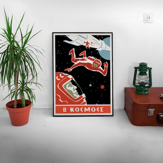 Soviet retro space poster, USSR 1950s — Vintage space art print about Soviet space race, propaganda poster with astronaut, 1960s nerdy gift