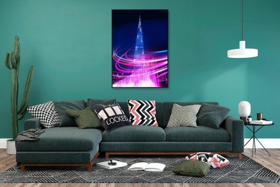 Neon night city: Dubai, Burj Khalifa (synthwave/vaporwave/retrowave/cyberpunk) — aesthetic poster, neon poster