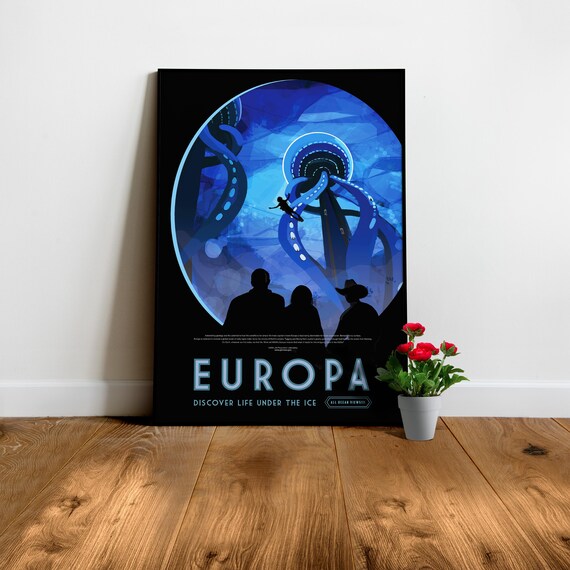 Retro travel space art: Europa, Jupiter — 1950s retro space poster. Vintage space art print, space travel wall decor and nerdy gift for him
