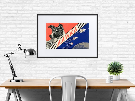 Laika, first space dog, Soviet vintage space — Matte Paper Framed Poster With Mat. Soviet vintage space art poster, soviet poster