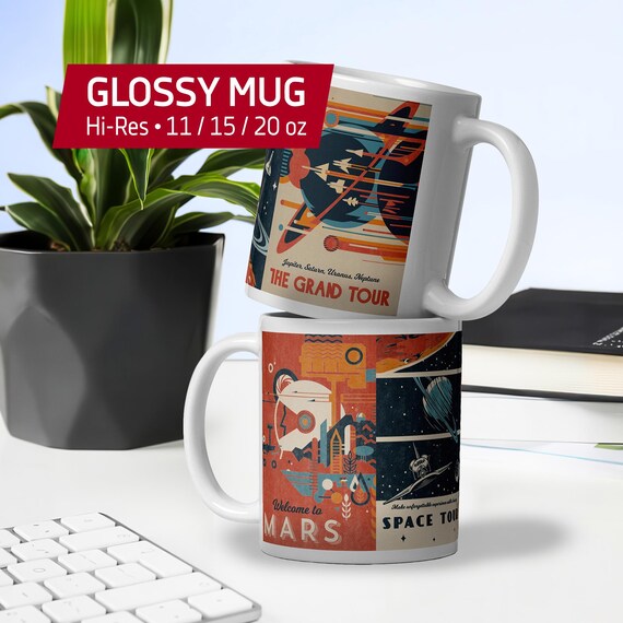 Retro Space Travel Mug — White Glossy Mug. 1950s Sci-Fi Poster Art, Vintage NASA Planet Design, Atomic Age Illustration, Gift for Him