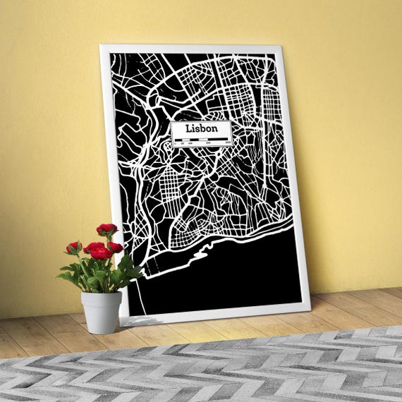 Lisbon (Portugal), Hand Drawn City Map Poster — Black White Modern Urban Art, Print for Travel Lovers and Minimalist art, Black city poster