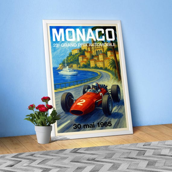 Monaco Vintage F1 Grand Prix 1965 Art Poster — Auto Racing Wall Art, Formula 1 Print, Retro Motorsport Decor, Gift for Him, retro travel art