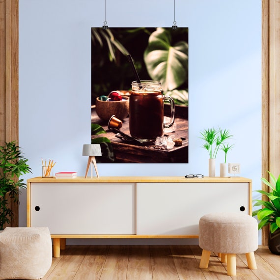 Coffee Beans & Cups Poster — Rustic kitchen wall art, barista photo print, coffee shop decor, warm tone coffee photography