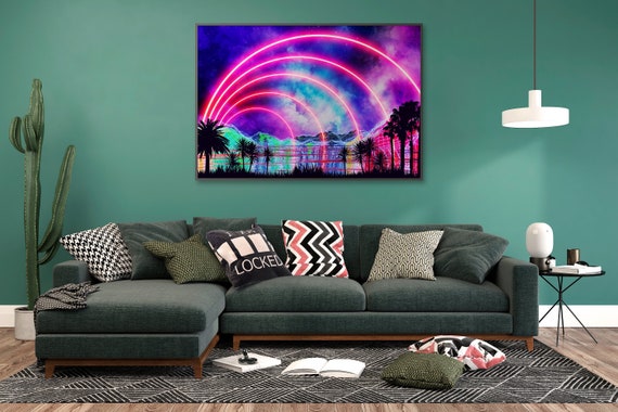 Neon landscape: Arc, palms, beach [synthwave/vaporwave/cyberpunk] — aesthetic poster, retrowave poster, vaporwave poster, neon poster,Sci-Fi