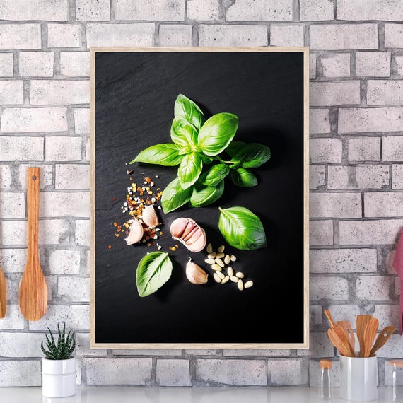 Garlic and Basil Wall Art – Food Kitchen Print, Italian Spanish Cuisine Print, Minimalist Rustic Kitchen Decor, Aesthetic Cooking Art