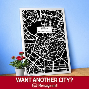 Milan, affiche de carte de la ville dessinée à la main — Art urbain moderne noir et blanc, impression pour les amateurs de voyage et décoration murale minimaliste, affiche de ville noire