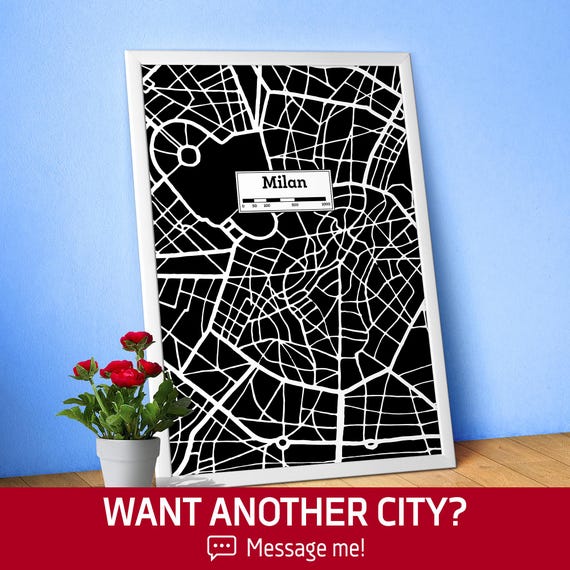 Milan, Hand Drawn City Map Poster — Black White Modern Urban Art, Print for Travel Lovers and Minimalist Wall Decor, Black city poster