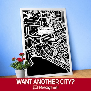 Melbourne, carte de la ville dessinée à la main, art urbain moderne noir et blanc, impression pour les amateurs de voyage et décoration murale minimaliste, affiche de ville noire