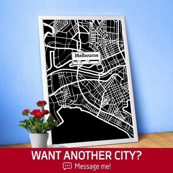 Melbourne, Hand Drawn City Map Poster — Black White Modern Urban Art, Print for Travel Lovers and Minimalist Wall Decor, Black city poster