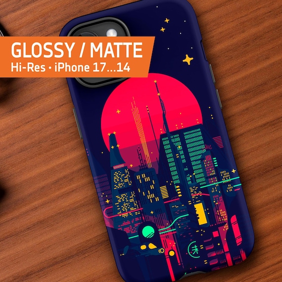 Synthwave Neon City (Bladerunner 1982 style) β Tough Case for iPhone 17/16/15/14/13 (Glossy/Matte), 80s iPhone case, Retro phone case
