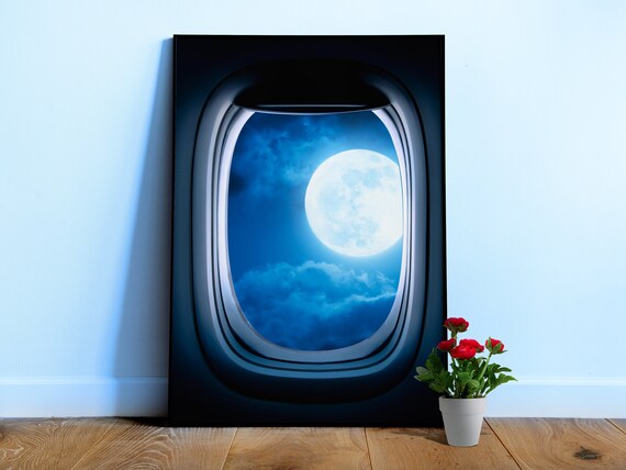 Airplane porthole/window and Moon — Photo paper glossy poster. Space poster, space print, travel gift
