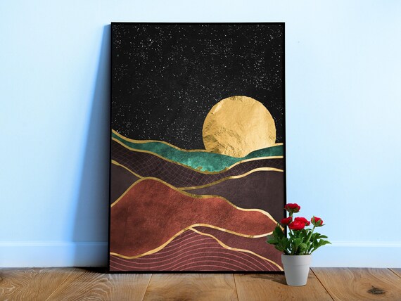 Golden landscape with moon #1 — Japanese golden poster, travel poster, aesthetic poster, landscape poster, wall art print
