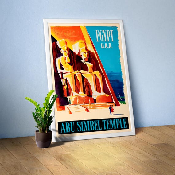 Egypt. Abu Simbel Temple, 1960s (Aswan, Pharaoh Ramesses II) — Retro travel poster, Vintage travel art print, wall decor and trip gift