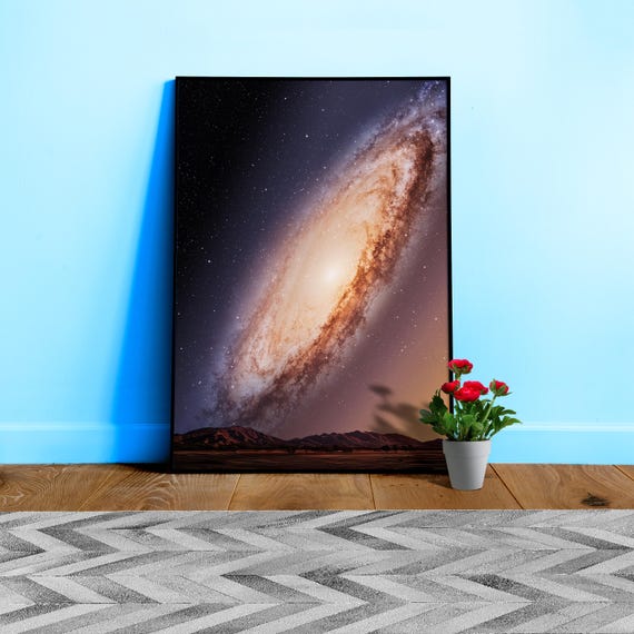 Andromeda Galaxy above the horizon: space wall art – Surreal Landscape Poster. Night Sky Print, Cosmic Surrealism Astronomy Decor Set
