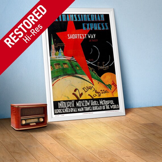 Trans-Siberian Express, USSR, 1930s — Soviet retro travel poster, vintage travel print, art deco poster, Soviet train poster