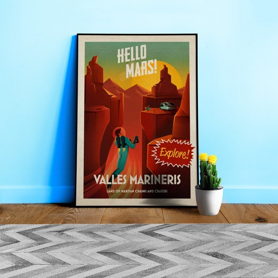 Hello Mars! Valles Marineris — Vintage space poster, retro space art, propaganda poster, retrofuturism, retro sci-fi
