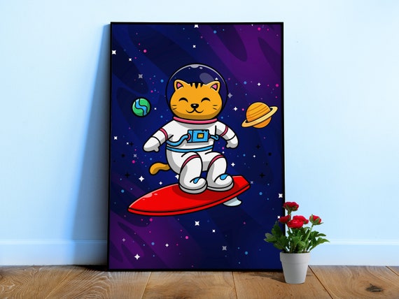 Cat Astronaut surfer, space surf cat, space surfer — space poster, space art, neon space, synthwave space