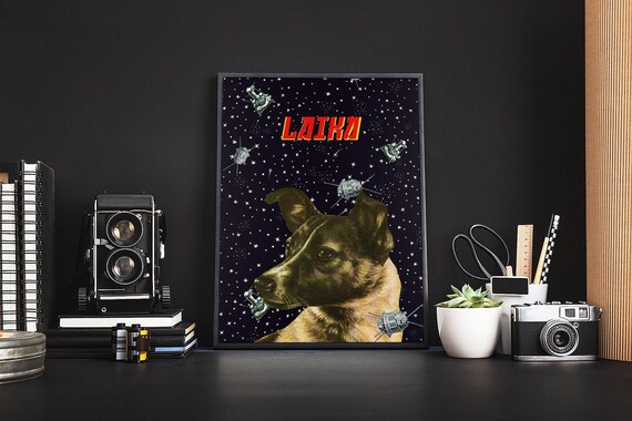 Laika, Soviet space dog: Gagarin space art [Sovietwave] — Soviet vintage space art poster, soviet poster, propaganda poster, retro space