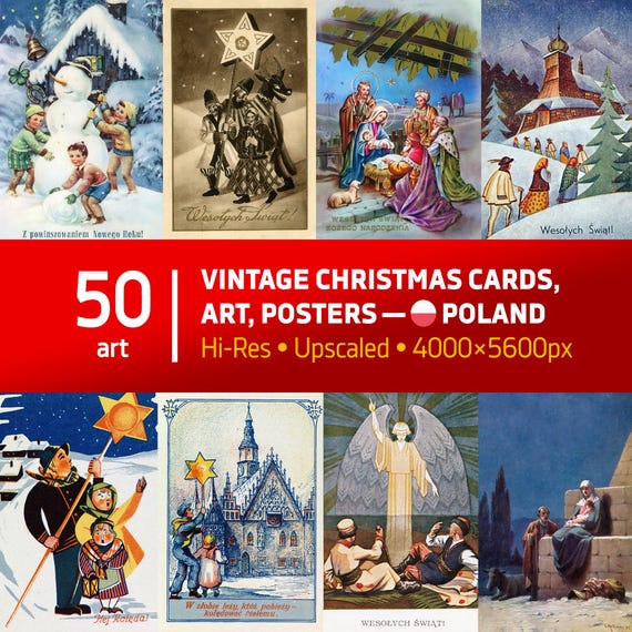 Vintage Polish Christmas Cards Digital Download – 50 Retro Holiday Cards from Poland, Hi-Res 2026 Printable Xmas Art Bundle