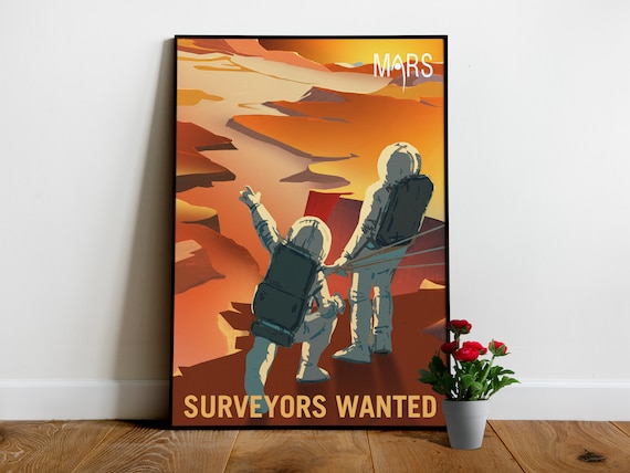 NASA Mars retro: Surveyors wanted — Retro space poster. Science art print, vintage space art, retro sci-fi and retrofuturism, gift for him